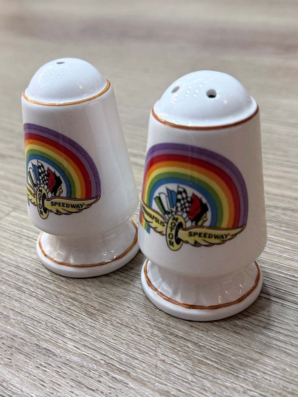 Vintage Indianapolis Motor Speedway Rainbow Ceramic Salt and Pepper Shakers Set